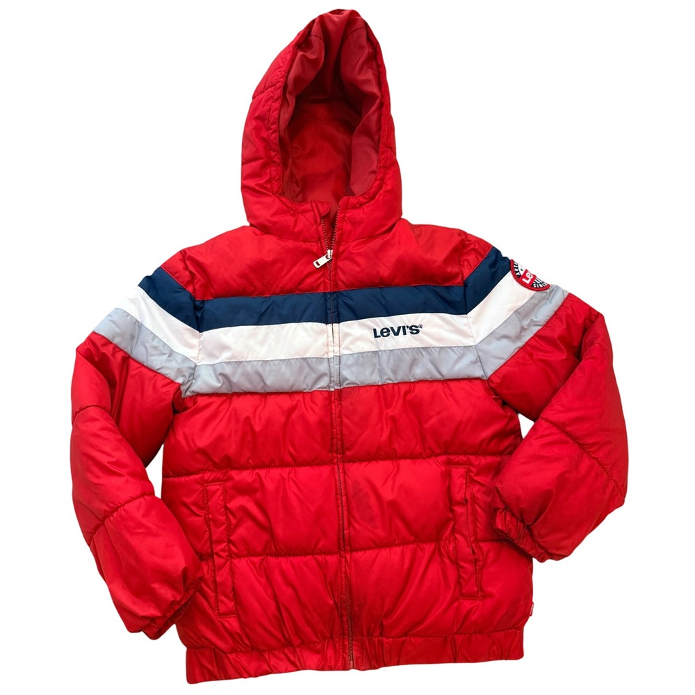 Levis Puffer Jacket Kids M 10-12 Red Colorblock Hooded Fleece Lined A017-R58
